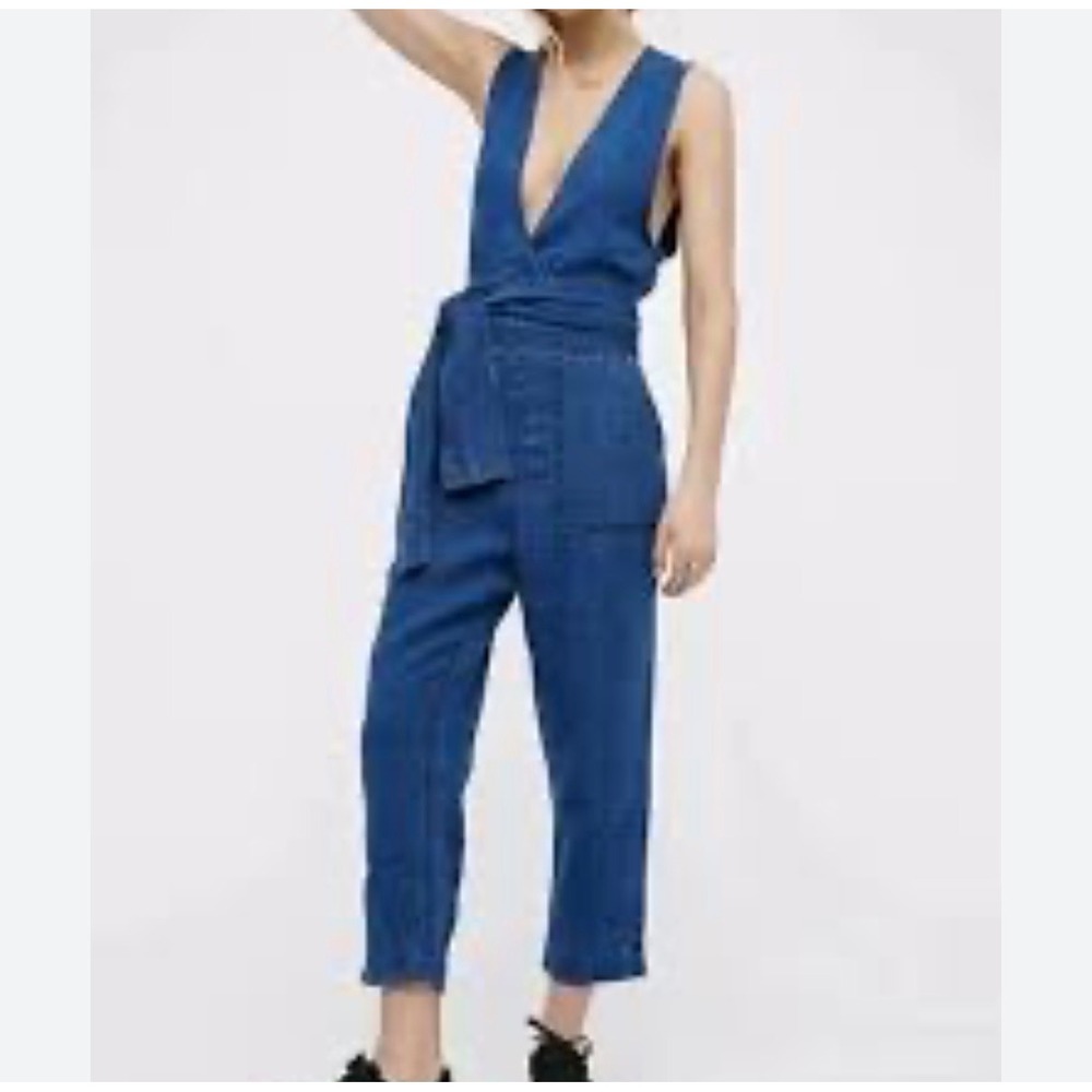 Free People Morning Star Linen Sleeveless Jumpsuit Womens XS Blue Wide Leg Boho